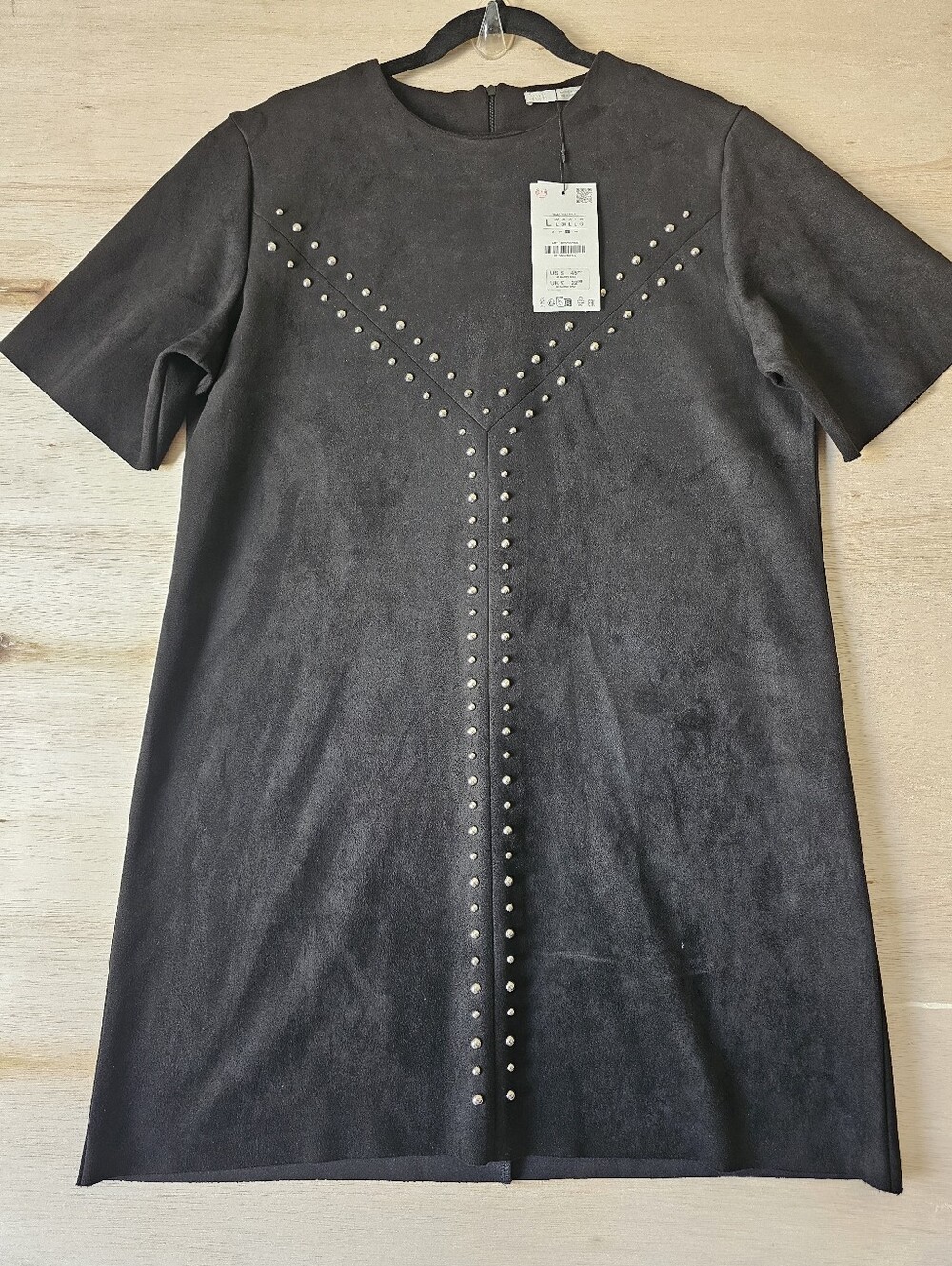 Zara Faux Suede Studded Mini Dress Black Short Sleeve Size L NWT